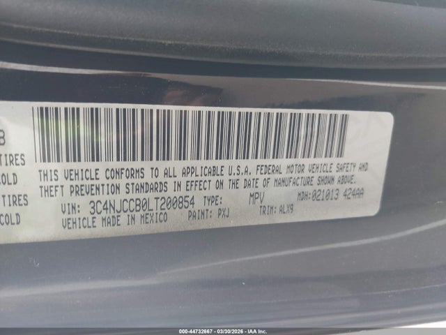 44732667 :رقم المزاد ، 3C4NJCCB0LT200854 vin ، 2020 Jeep Compass Limited Fwd مزاد بيع