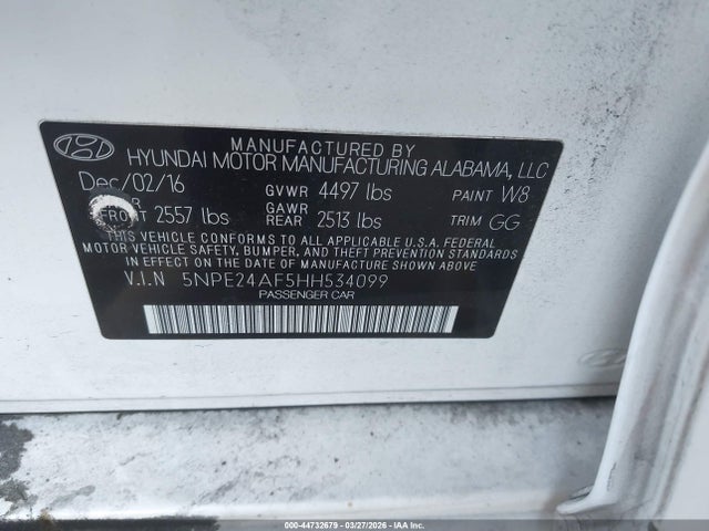 2017 Hyundai Sonata მანქანა იყიდება აუქციონზე, vin: 5NPE24AF5HH534099, აუქციონის ნომერი: 44732679