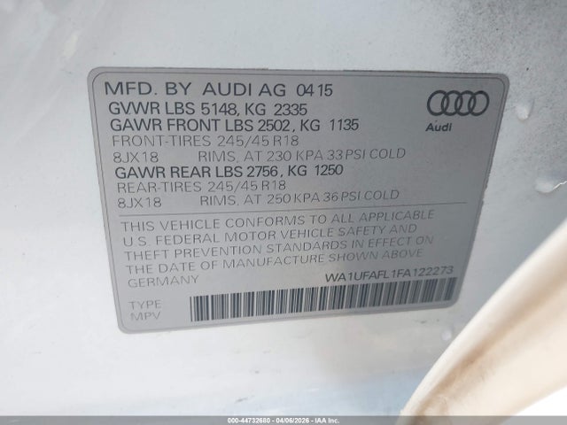 44732680 :رقم المزاد ، WA1UFAFL1FA122273 vin ، 2015 Audi Allroad 2.0t Premium مزاد بيع