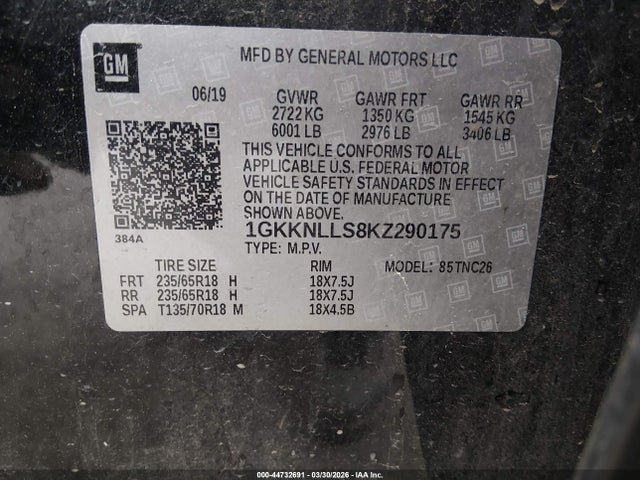 44732691 :رقم المزاد ، 1GKKNLLS8KZ290175 vin ، 2019 Gmc Acadia Sle-2 مزاد بيع