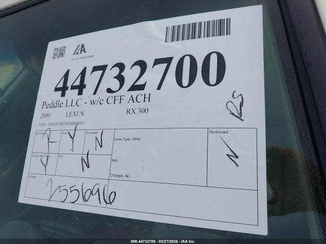 44732700 :رقم المزاد ، JT6GF10U9Y0066653 vin ، 2000 Lexus Rx 300 مزاد بيع