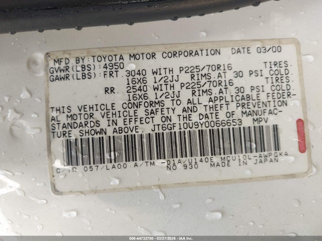 44732700 :رقم المزاد ، JT6GF10U9Y0066653 vin ، 2000 Lexus Rx 300 مزاد بيع