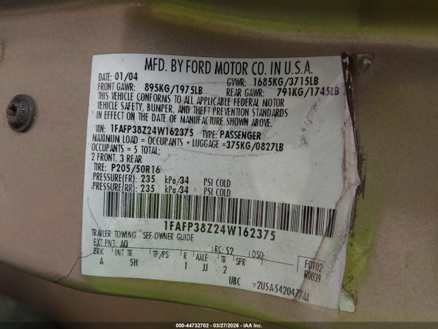 Продажа на аукционе авто 2004 Ford Focus Zts, vin: 1FAFP38Z24W162375, номер лота: 44732702