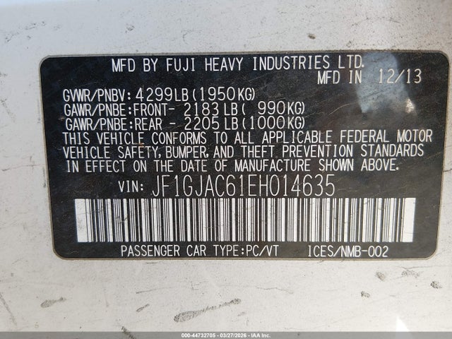 2014 Subaru Impreza 2.0i Premium მანქანა იყიდება აუქციონზე, vin: JF1GJAC61EH014635, აუქციონის ნომერი: 44732705