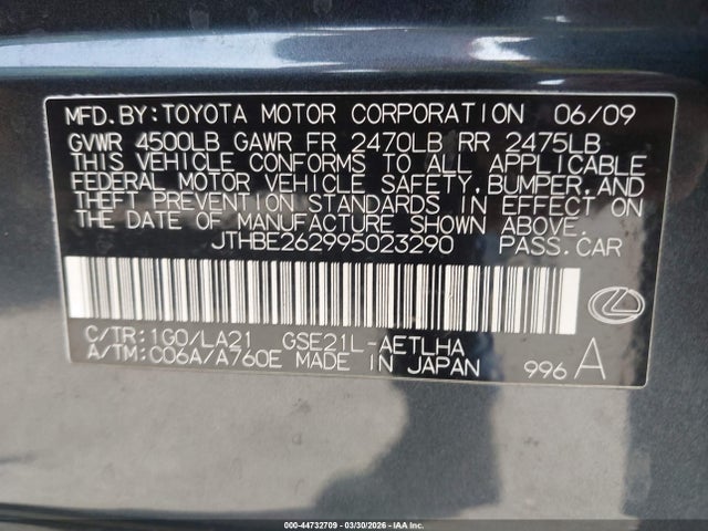 Продаж на аукціоні авто 2009 Lexus Is 350, vin: JTHBE262995023290, номер лоту: 44732709