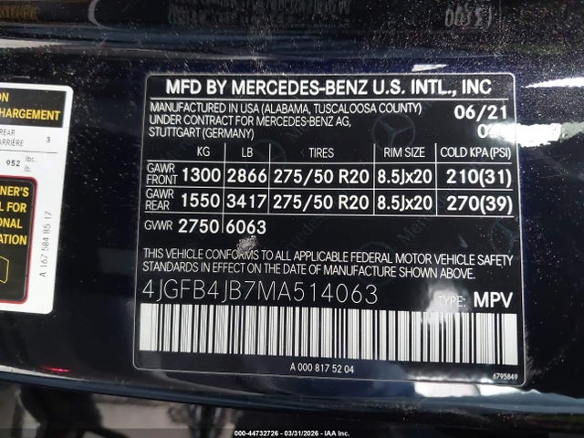 Aukcja sprzedaży 2021 Mercedes-benz Gle 350, vin: 4JGFB4JB7MA514063, numer aukcji: 44732726