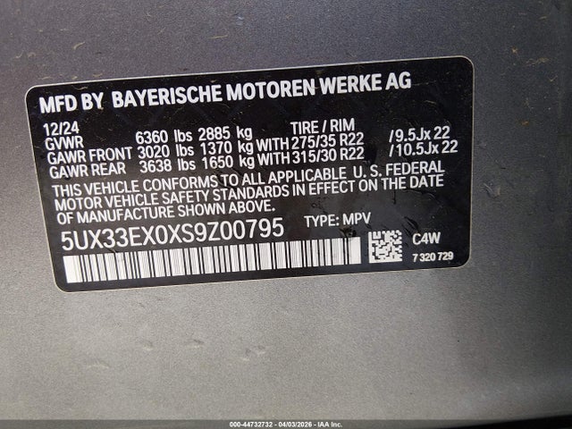 44732732 :رقم المزاد ، 5UX33EX0XS9Z00795 vin ، 2025 Bmw X6 Xdrive40i مزاد بيع