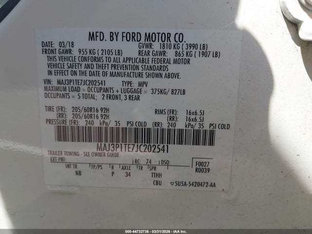 Продаж на аукціоні авто 2018 Ford Ecosport Se, vin: MAJ3P1TE7JC202541, номер лоту: 44732736