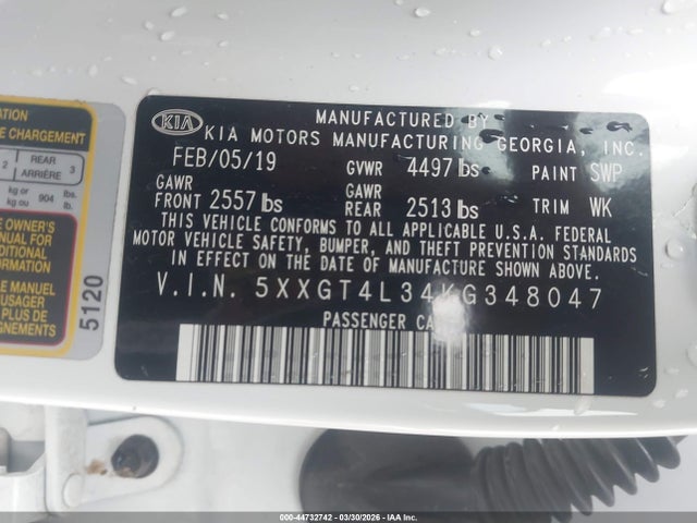 44732742 :رقم المزاد ، 5XXGT4L34KG348047 vin ، 2019 Kia Optima Lx مزاد بيع