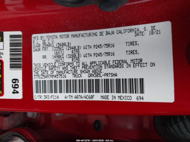 3TMCZ5AN7NM457516 Toyota Tacoma Sr5 V6