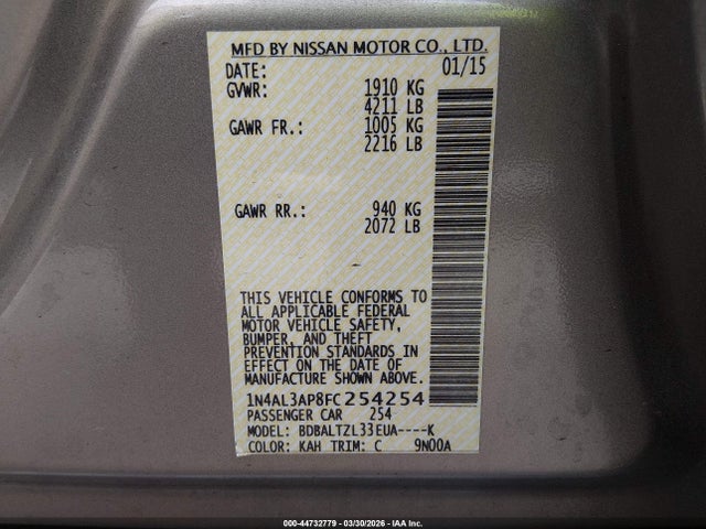 Aukcja sprzedaży 2015 Nissan Altima 2.5 Sl, vin: 1N4AL3AP8FC254254, numer aukcji: 44732779