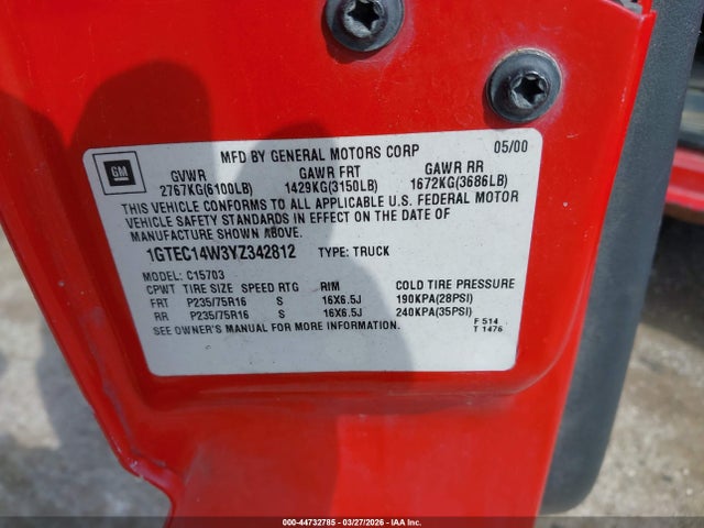 Aukcja sprzedaży 2000 Gmc Sierra 1500 Sl, vin: 1GTEC14W3YZ342812, numer aukcji: 44732785