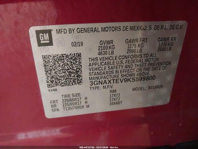 44732795 :رقم المزاد ، 3GNAXTEV9KS599800 vin ، 2019 Chevrolet Equinox Lt مزاد بيع