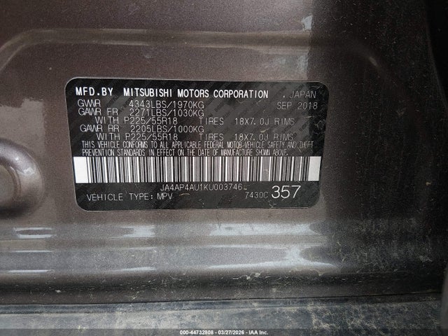 Aukcja sprzedaży 2019 Mitsubishi Outlander Sport 2.0 Se, vin: JA4AP4AU1KU003746, numer aukcji: 44732808