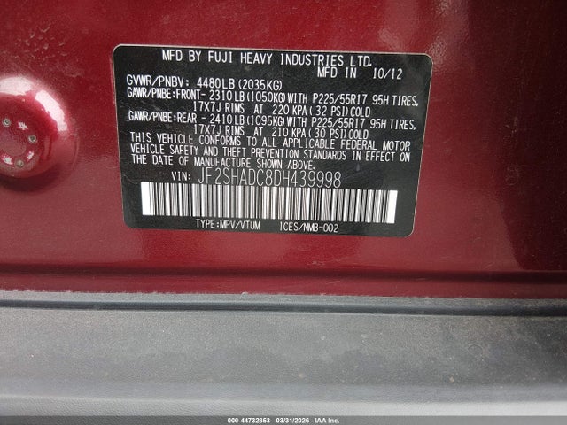 Aukcja sprzedaży 2013 Subaru Forester 2.5x Premium, vin: JF2SHADC8DH439998, numer aukcji: 44732853