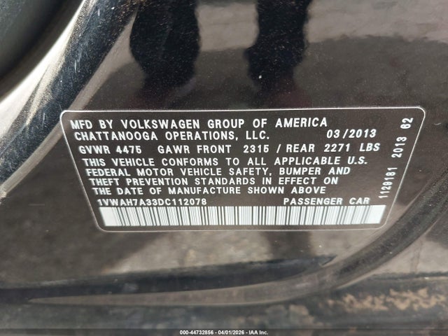 Продажа на аукционе авто 2013 Volkswagen Passat S, vin: 1VWAH7A33DC112078, номер лота: 44732856