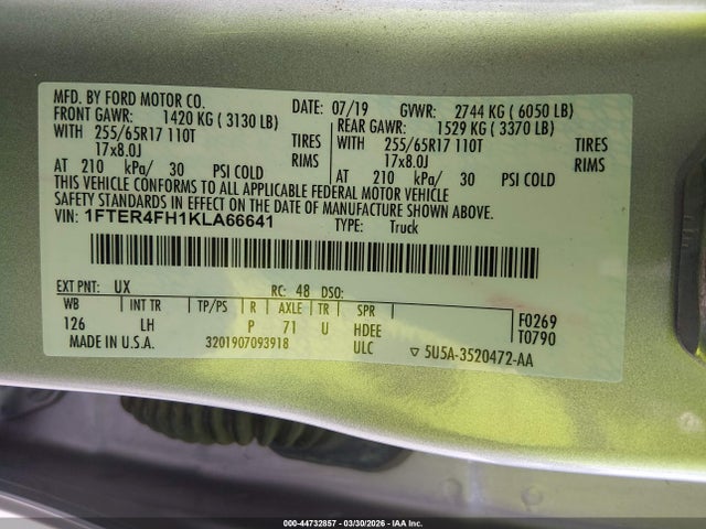 Aukcja sprzedaży 2019 Ford Ranger Xlt, vin: 1FTER4FH1KLA66641, numer aukcji: 44732857