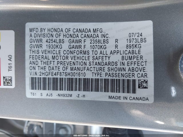 Auction sale of the 2025 Honda Civic Hybrid Sport/sport Touring, vin: 2HGFE4F87SH301610, lot number: 44732860