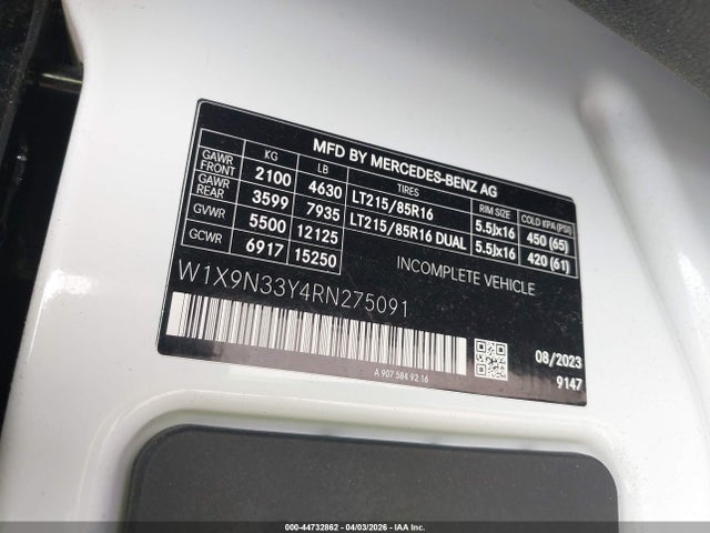 2024 Mercedes-benz Sprinter 4500 მანქანა იყიდება აუქციონზე, vin: W1X9N33Y4RN275091, აუქციონის ნომერი: 44732862