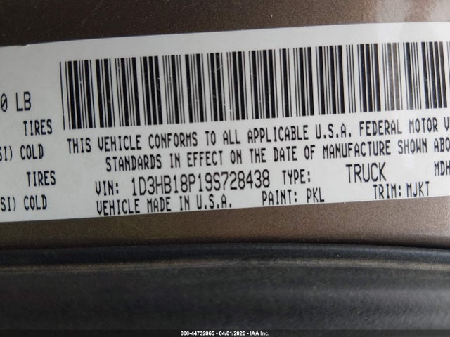 44732865 :رقم المزاد ، 1D3HB18P19S728438 vin ، 2009 Dodge Ram 1500 Slt/sport/trx مزاد بيع