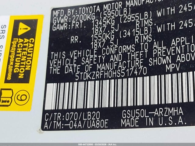 44732895 :رقم المزاد ، 5TDKZRFH0HS517470 vin ، 2017 Toyota Highlander Xle مزاد بيع