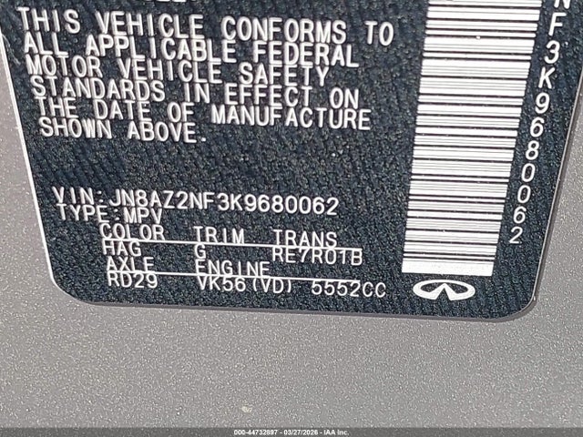 Aukcja sprzedaży 2019 Infiniti Qx80 Luxe, vin: JN8AZ2NF3K9680062, numer aukcji: 44732897
