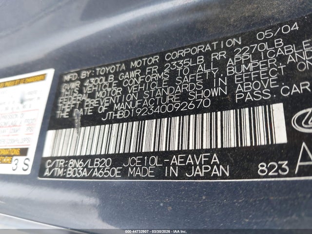 2004 Lexus Is 300 მანქანა იყიდება აუქციონზე, vin: JTHBD192340092670, აუქციონის ნომერი: 44732907