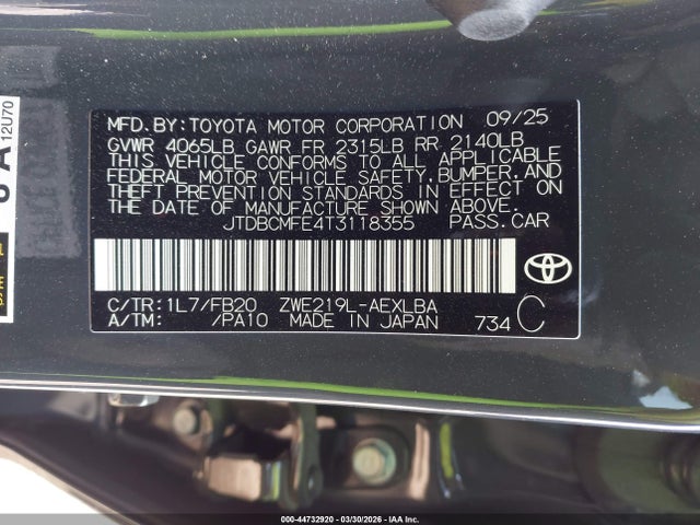 Продаж на аукціоні авто 2026 Toyota Corolla Hybrid Hybrid Le, vin: JTDBCMFE4T3118355, номер лоту: 44732920