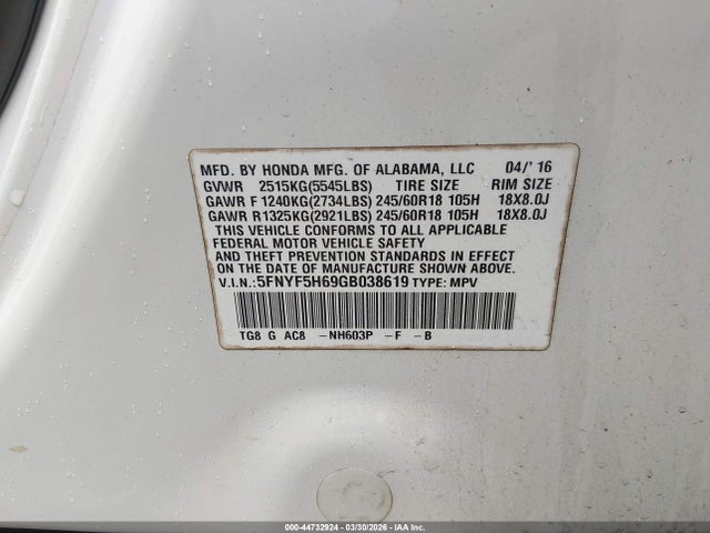 5FNYF5H69GB038619 Honda Pilot Ex-l