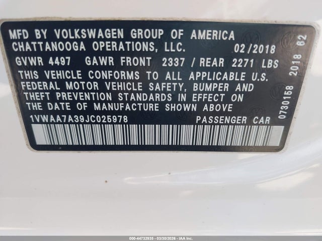 Продаж на аукціоні авто 2018 Volkswagen Passat 2.0t R-line/2.0t S, vin: 1VWAA7A39JC025978, номер лоту: 44732935
