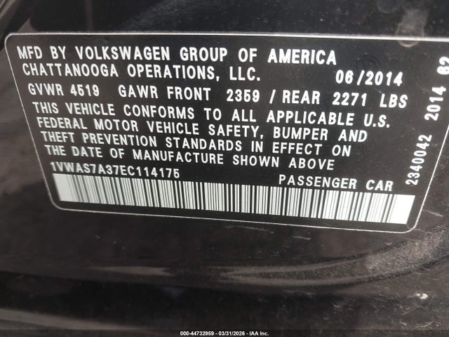 Продажа на аукционе авто 2014 Volkswagen Passat 1.8t Wolfsburg Edition, vin: 1VWAS7A37EC114175, номер лота: 44732959