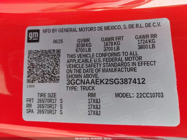 3GCNAAEK2SG387412 Chevrolet Silverado 1500 2wd Standard Bed Wt