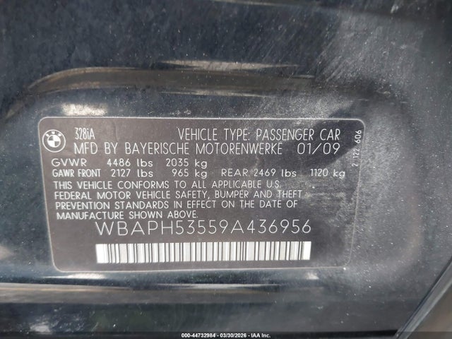 44732984 :رقم المزاد ، WBAPH53559A436956 vin ، 2009 Bmw 328i مزاد بيع