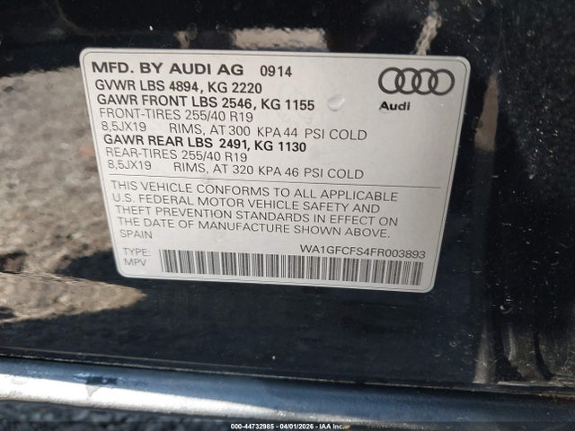 44732985 :رقم المزاد ، WA1GFCFS4FR003893 vin ، 2015 Audi Q3 2.0t Premium Plus مزاد بيع