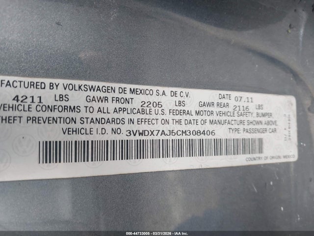 Продажа на аукционе авто 2012 Volkswagen Jetta 2.5l Se, vin: 3VWDX7AJ5CM308406, номер лота: 44733005