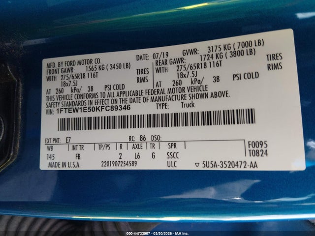 Продаж на аукціоні авто 2019 Ford F-150 Xlt, vin: 1FTEW1E50KFC89346, номер лоту: 44733007