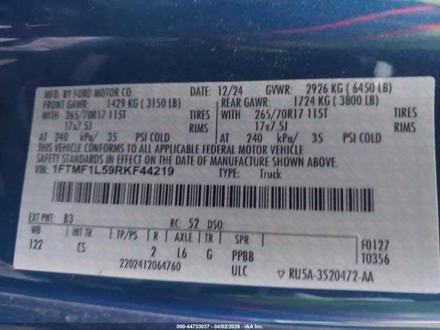 Продажа на аукционе авто 2024 Ford F-150 Xl, vin: 1FTMF1L59RKF44219, номер лота: 44733037