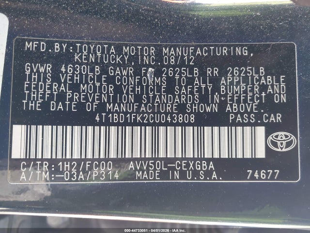 2012 Toyota Camry Hybrid Xle მანქანა იყიდება აუქციონზე, vin: 4T1BD1FK2CU043808, აუქციონის ნომერი: 44733051