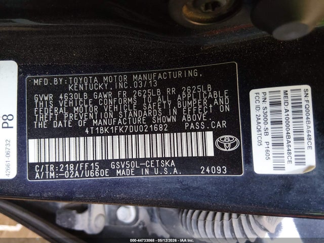 2013 Toyota Camry Se V6 მანქანა იყიდება აუქციონზე, vin: 4T1BK1FK7DU021682, აუქციონის ნომერი: 44733068