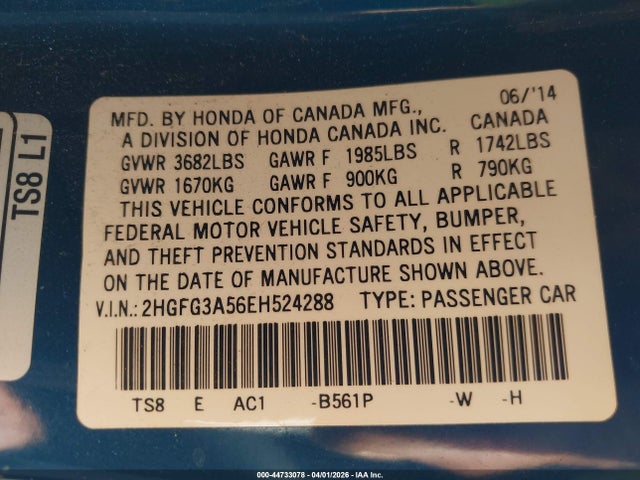 2HGFG3A56EH524288 Honda Civic Lx