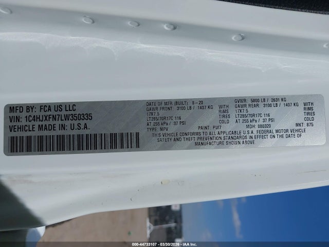 Продажа на аукционе авто 2020 Jeep Wrangler Unlimited Rubicon 4x4, vin: 1C4HJXFN7LW350335, номер лота: 44733107