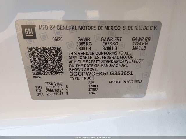 Продаж на аукціоні авто 2020 Chevrolet Silverado 1500 2wd  Standard Bed Lt, vin: 3GCPWCEK5LG353651, номер лоту: 44733114