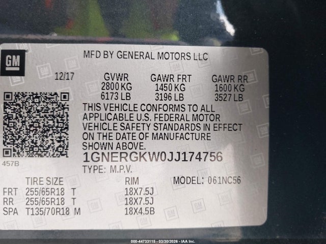 Aukcja sprzedaży 2018 Chevrolet Traverse 1lt, vin: 1GNERGKW0JJ174756, numer aukcji: 44733115