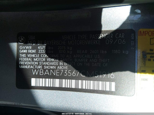 Aukcja sprzedaży 2007 Bmw 530i, vin: WBANE73567CM51916, numer aukcji: 44733116