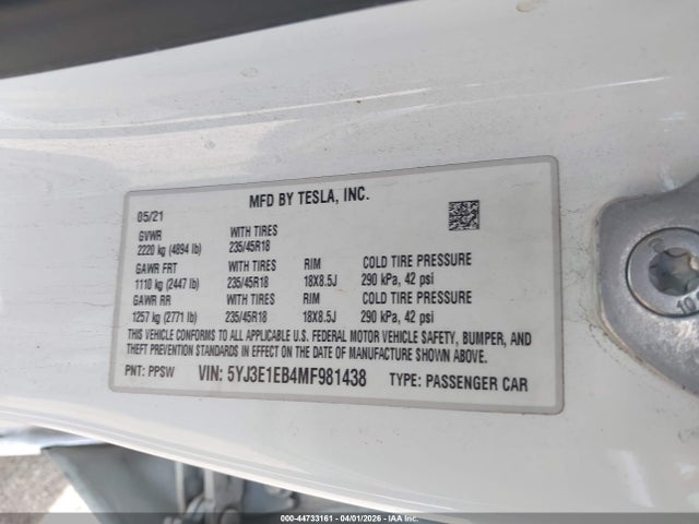 Auction sale of the 2021 Tesla Model 3 Long Range Dual Motor All-wheel Drive, vin: 5YJ3E1EB4MF981438, lot number: 44733161