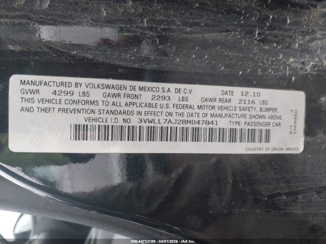Aukcja sprzedaży 2011 Volkswagen Jetta 2.0l Tdi, vin: 3VWLL7AJ2BM047841, numer aukcji: 44733189