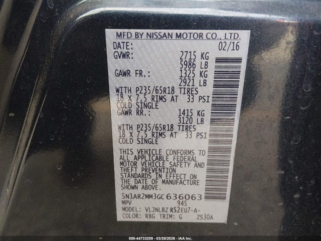 44733209 :رقم المزاد ، 5N1AR2MM3GC636063 vin ، 2016 Nissan Pathfinder Platinum/s/sl/sv مزاد بيع