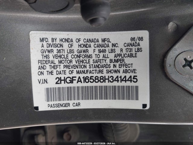 Aukcja sprzedaży 2008 Honda Civic Lx, vin: 2HGFA16588H341445, numer aukcji: 44733229