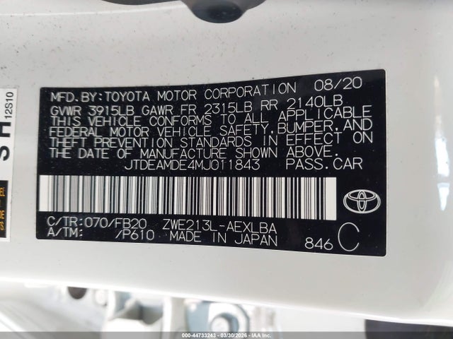 JTDEAMDE4MJ011843 Toyota Corolla Hybrid Le