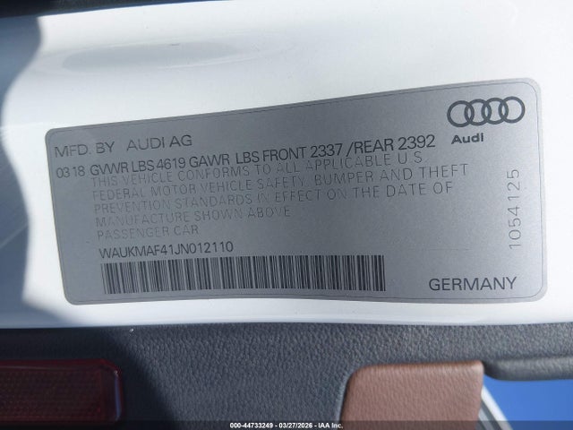 Продажа на аукционе авто 2018 Audi A4 2.0t Ultra Premium, vin: WAUKMAF41JN012110, номер лота: 44733249